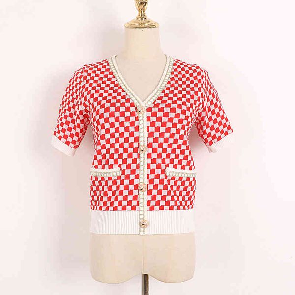 

women's knits & tees plaid short sleeve coat women's summer celebrity v-neck contrast color phnom penh diamond button sweater card, White