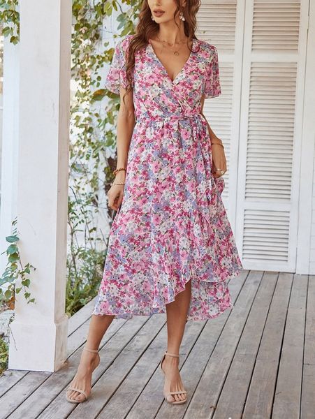 

floral print flutter sleeve ruffle hem belted dress 77ln#, Black;gray