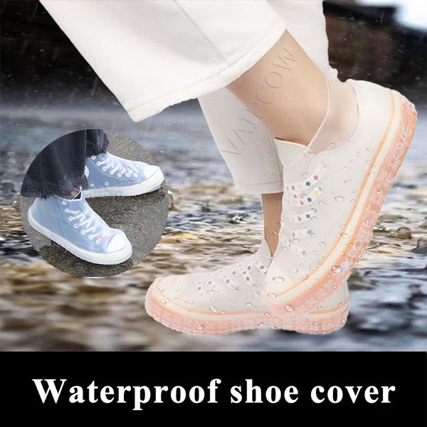 

recyclable silicone overshoes reusable waterproof rainproof men shoes covers rain boots non-slip washable wear-resistant, White;pink