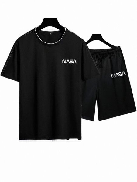 

men letter graphic contrast trim tee & drawstring waist shorts b7jg#, Gray