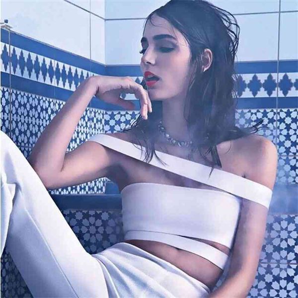 

beaukey women off the shoulder slash neck bandage crop elastics tank xl 210414, White