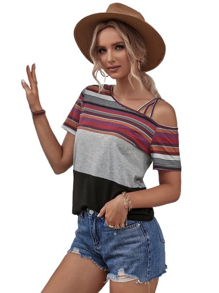 

block striped asymmetrical neck tee s0js#, White