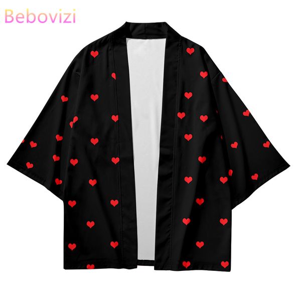 

2022 red heart print japanese cartoon beach kimono streetwear men women cardigan cosplay haori yukata harajuku robe clothes