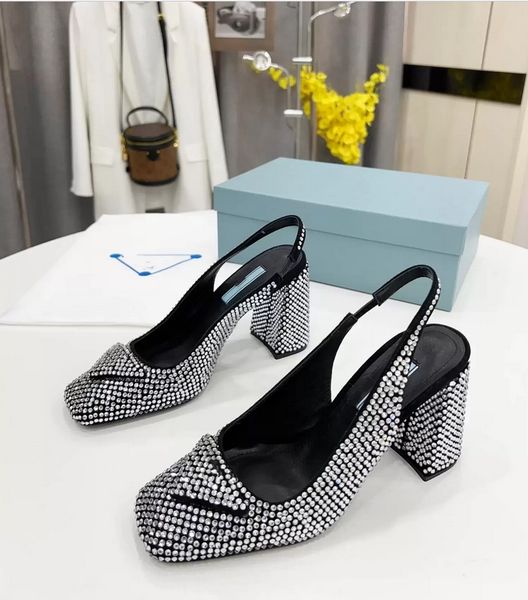 

2022 designers women's luxury satin sling-back pumps sandals with heat-sealed crystalssize 35-41 with box, Black