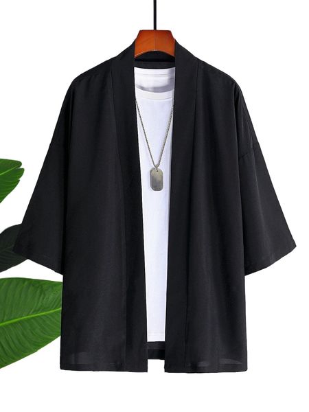 

men solid drop shoulder kimono without tee r72y#, White;black
