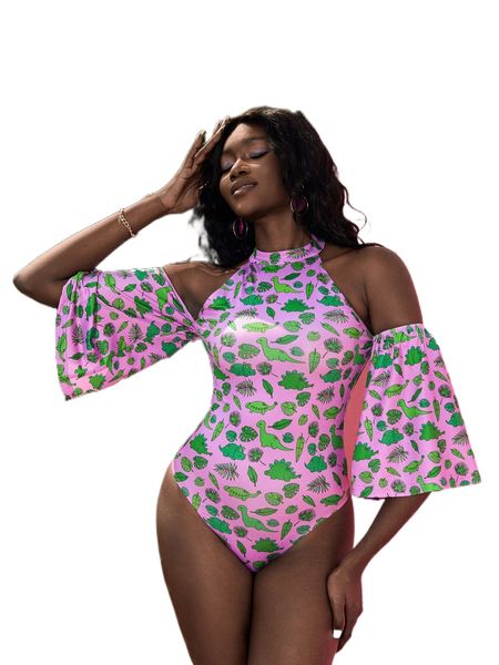 

x _d.daniela.a_ tropical & dinosaur print halter neck bodysuit o8hg#, White