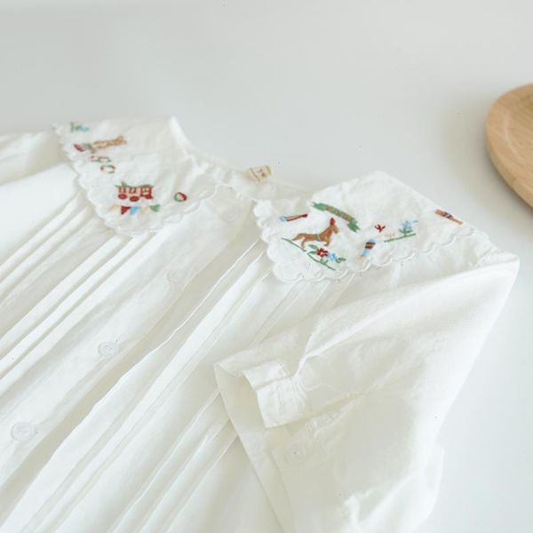 

summer mori girl sweet blouses cartoon embroidery lapel short-sleeved shirt women clothing ruffled cotton blosue u439, White