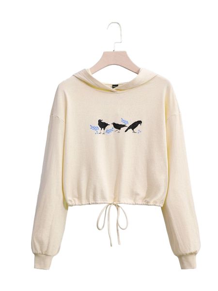 

x caitlinjane bird print drawstring hem hoodie h5km#, Black