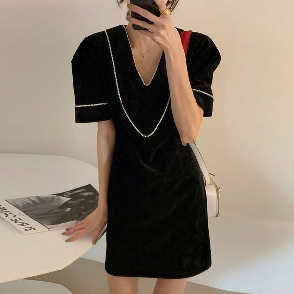

french elegant vneck femme robe contrasting trimming pleated waist vestidos korean chic short sleeve dress women 210506, Black;gray