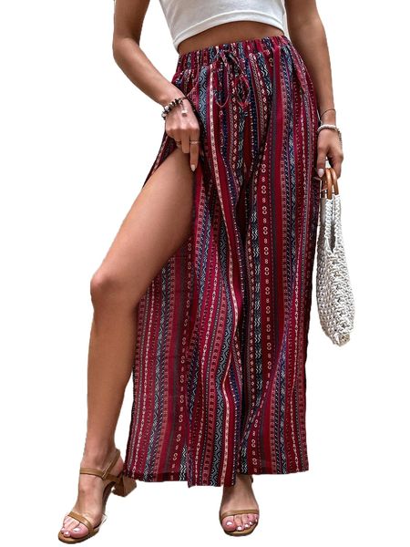 

geo print slit thigh tie front wide leg pants m7qb#, Black;white