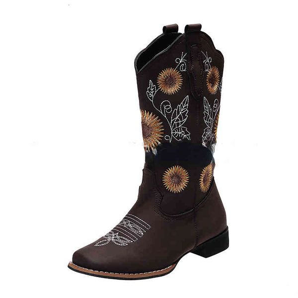 

juti new 2022 winter flat bottomed large embroidered sunflower picture boots, Black