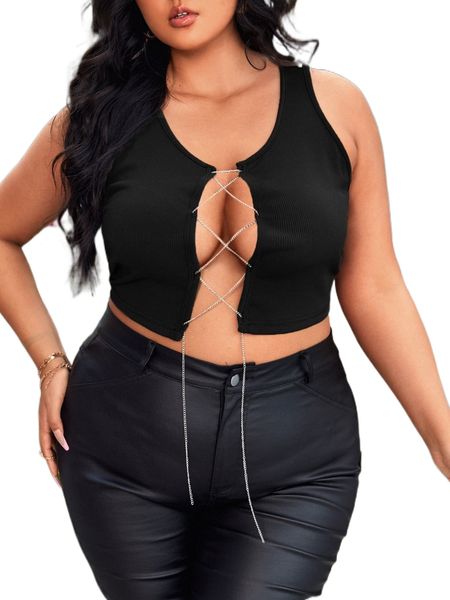 

sxy plus chain lace up rib knit crop tank s55a#, Black