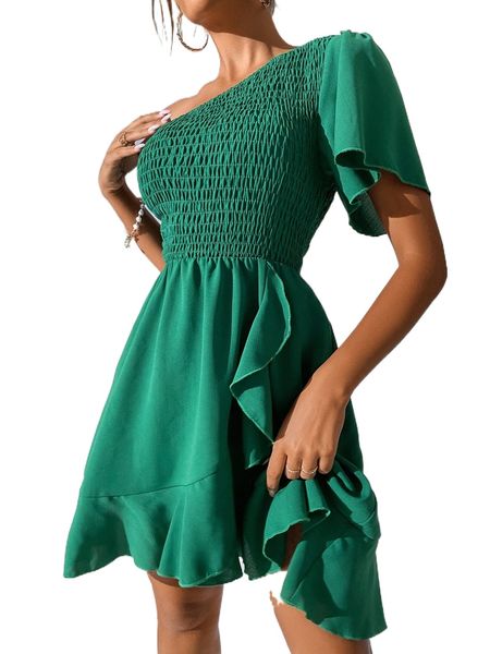 

shirred one shoulder flutter sleeve ruffle wrap hem dress w4da#, Black;gray