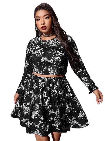 

plus cat & butterfly print crop & skirt p9df#, Black