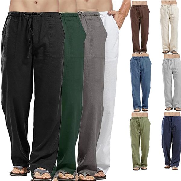 

mens casual cotton linen yoga pants male summer large size breathable solid color trousers sports fitness streetwear s5xl 220713, Black