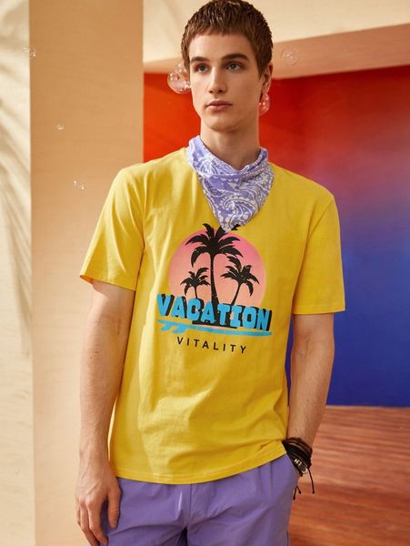 

men tropical and letter print tee m5ox#, White;black