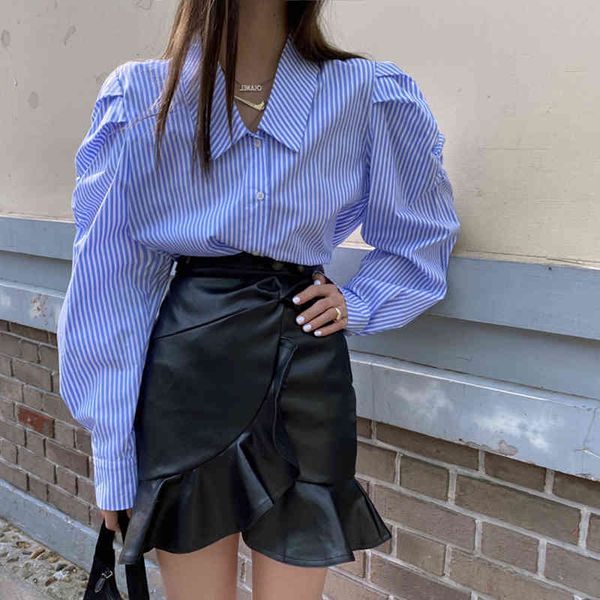 

blue striped ol blouse women long sleeve singlebreasted turndown collar elegant puff sleeve design fashion blouses plus 210412, White