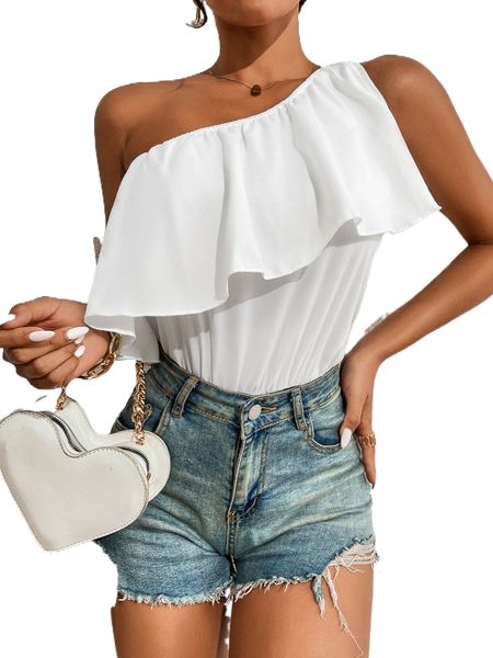 

two tone one shoulder ruffle trim bodysuit u7fp#, White