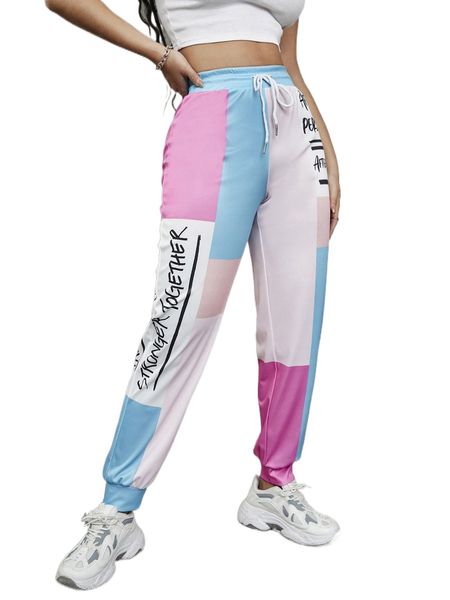 

sxy slogan graphic colorblock drawstring waist sweatpants h0zg#, Black;white