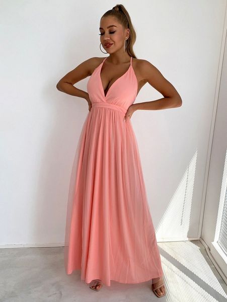 

joyfunear plunging neck crisscross back mesh cami prom dress x1go#, Black;gray