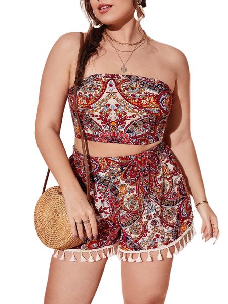 

plus paisley tube & fringe hem shorts b76m#, Black
