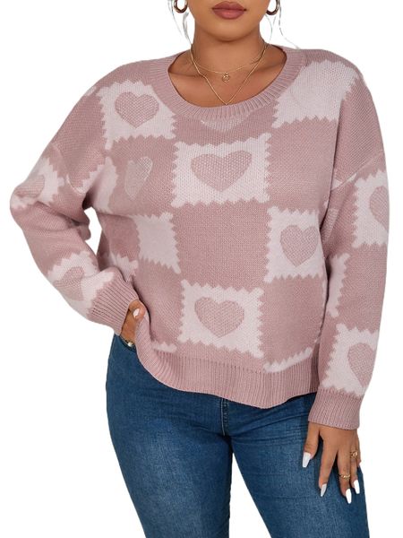 

plus checkered & heart pattern drop shoulder sweater g5dd#, Black