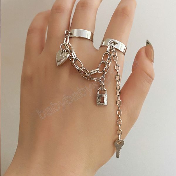 

punk hiphop chain rings multi-layer adjustable open finger rings set alloy man rings for women party gift jewelry, Silver