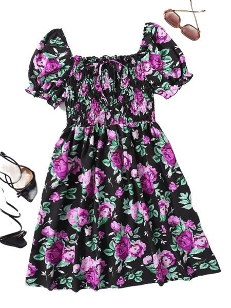 

plus allover floral print shirred puff sleeve dress x0mg#, Black
