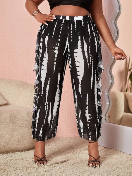 

plus tie dye ruffle trim cover up pants without bikini d1un#, Black