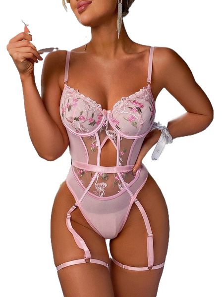 

floral embroidery mesh underwire teddy bodysuit t8cq#, Black;red