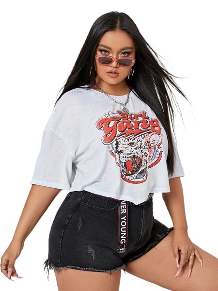 

plus leopard & letter graphic drop shoulder tee s7s7#, Black