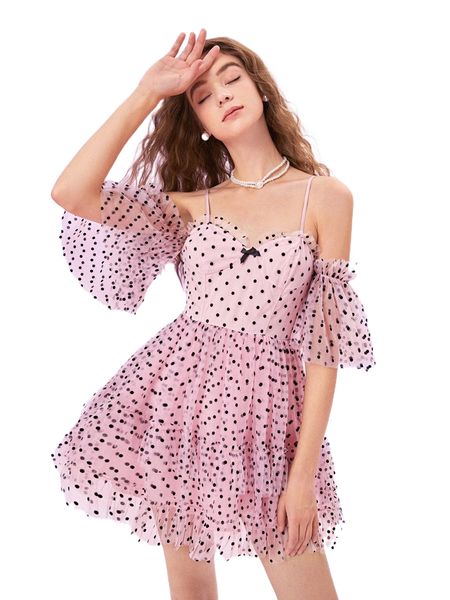 

mod polka dot cold shoulder flounce sleeve layered hem mesh dress 28ck#, Black;gray
