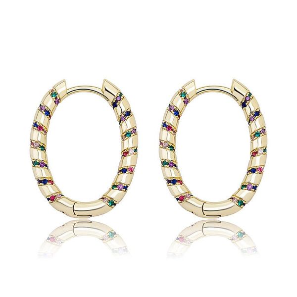 

hoop & huggie 1 pair hip hop colorful cz stone paved bling out solid oval circle earrings for men women fashion jewelry, Golden;silver