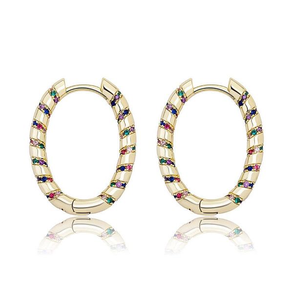 

hoop & huggie 1 pair hip hop colorful cz stone paved bling out solid oval circle earrings for men women fashion jewelry, Golden;silver
