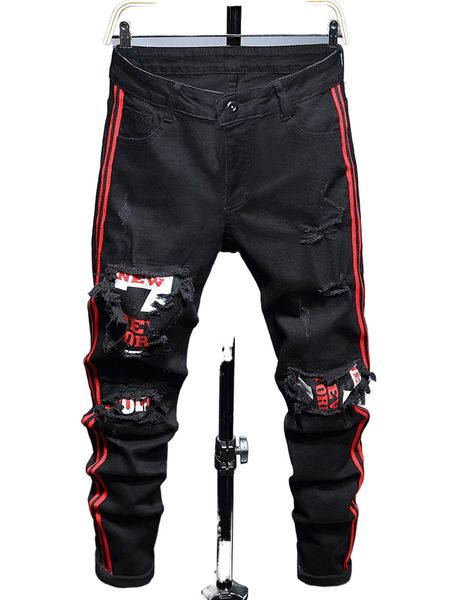 

men letter patched ripped contrast tape jeans q0fj#, Blue