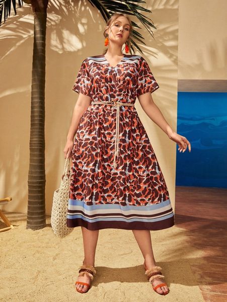 

plus striped graphic print dress without belt a45k#, Black