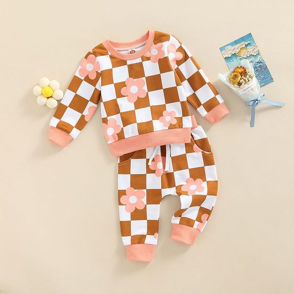 Giyim Setleri 0-3y Bebek Bebek Bebek Erkekler 2pcs Clothing Checker Tahtası Çiçek Baskılı Uzun Kollu Üstler Cepler Pantsclothing