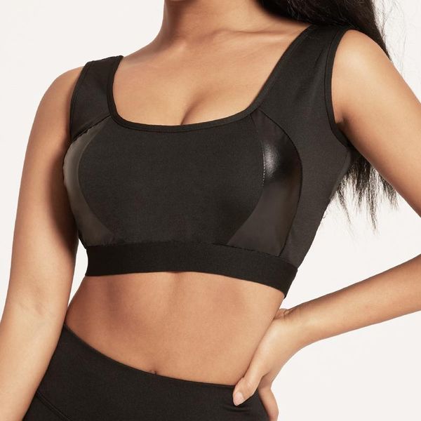 Reggiseno sportivo antiurto per abbigliamento da yoga con top in pelle nera da palestra per il fitness imbottito alto supporto atletico Yoga