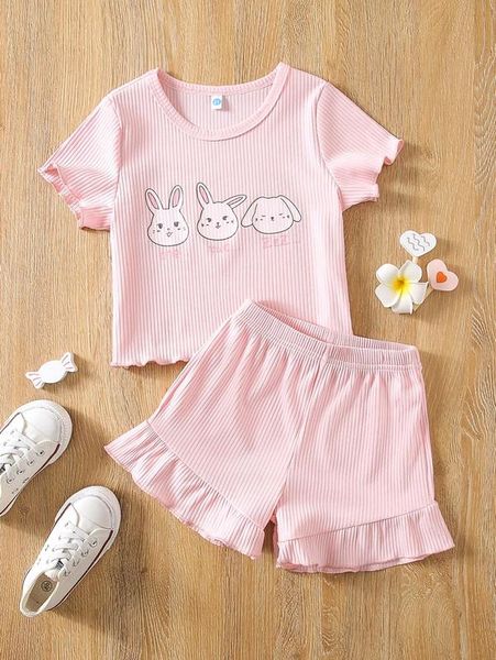 

toddler girls cartoon graphic lettuce trim tee & ruffle hem shorts she, White