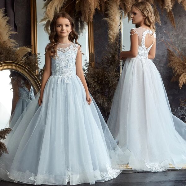 Abiti da ragazza di fiore senza maniche eleganti per matrimoni 2022 Abito da ballo glitterato Applique floreale Abiti da festa formale per bambini Tulle Compleanno per bambini Apertura posteriore a forma di cuore