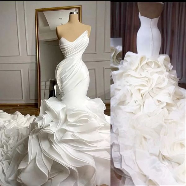 2022 Zarif Denizkızı Gelinlik Sevgilim Pleat Fırralar Katmanlı Etek Organza Özel Şapel Treni Resmi Gelinlikler Vestido De Novia