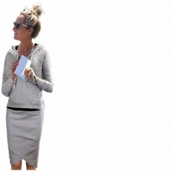 

two piece dress autumn women's spring solid long sleeve hooded and skirt pieces elegant causal elastic waist irregular simple femme sui, White