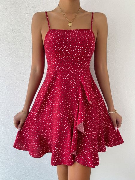 

polka dot print wrap ruffle hem cami dress h0ct#, Black;gray