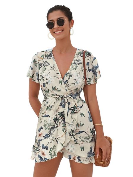 

tropical print ruffle trim wrap hem knot front dress o7ra#, Black;gray