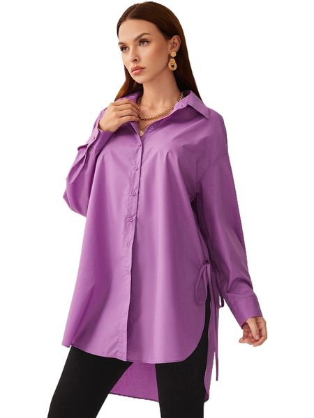 

drop shoulder lace up side high low hem blouse b66m#, White