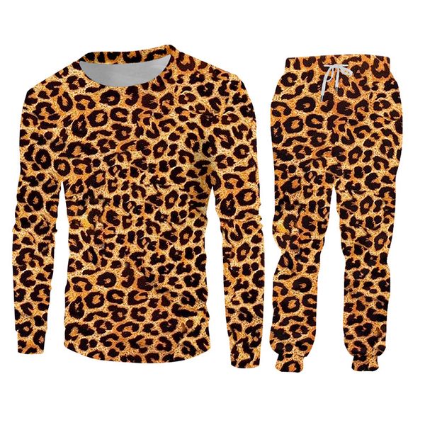 Ogkb vendendo casual 2 peças terno animal impressão 3d impressão de leopardo harajuku capuz e calça de corrida de tamanho grande por atacado 201204