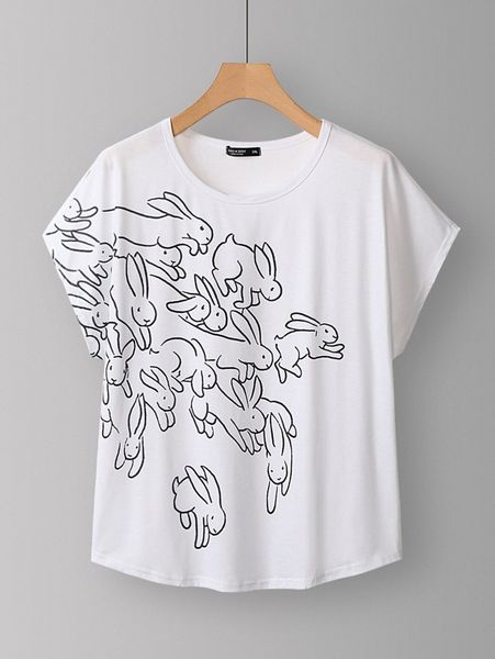 

plus rabbit print batwing sleeve tee i3bn#, Black
