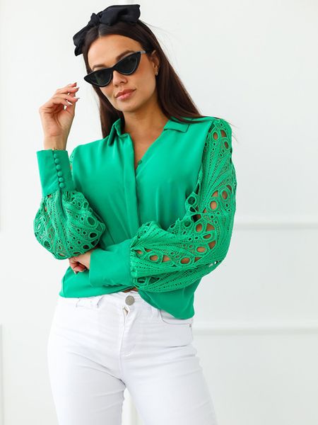 

satin hollow out women's shirt lace patchwork lapel fashion mesh office ladies shirts spring white button female
