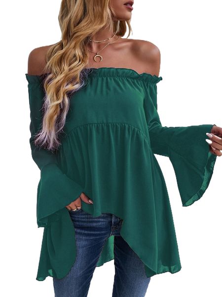 

off-shoulder flounce sleeve high low blouse w8xi#, White