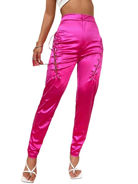 

grommet eyelet lace up satin pants e8mz#, Black;white